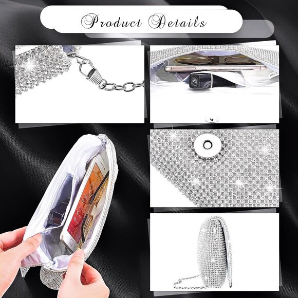⚡ Women's Glitter Pearls Evening Rhinestone Detachable Chain Clutch Bag - Picture 3 of 6